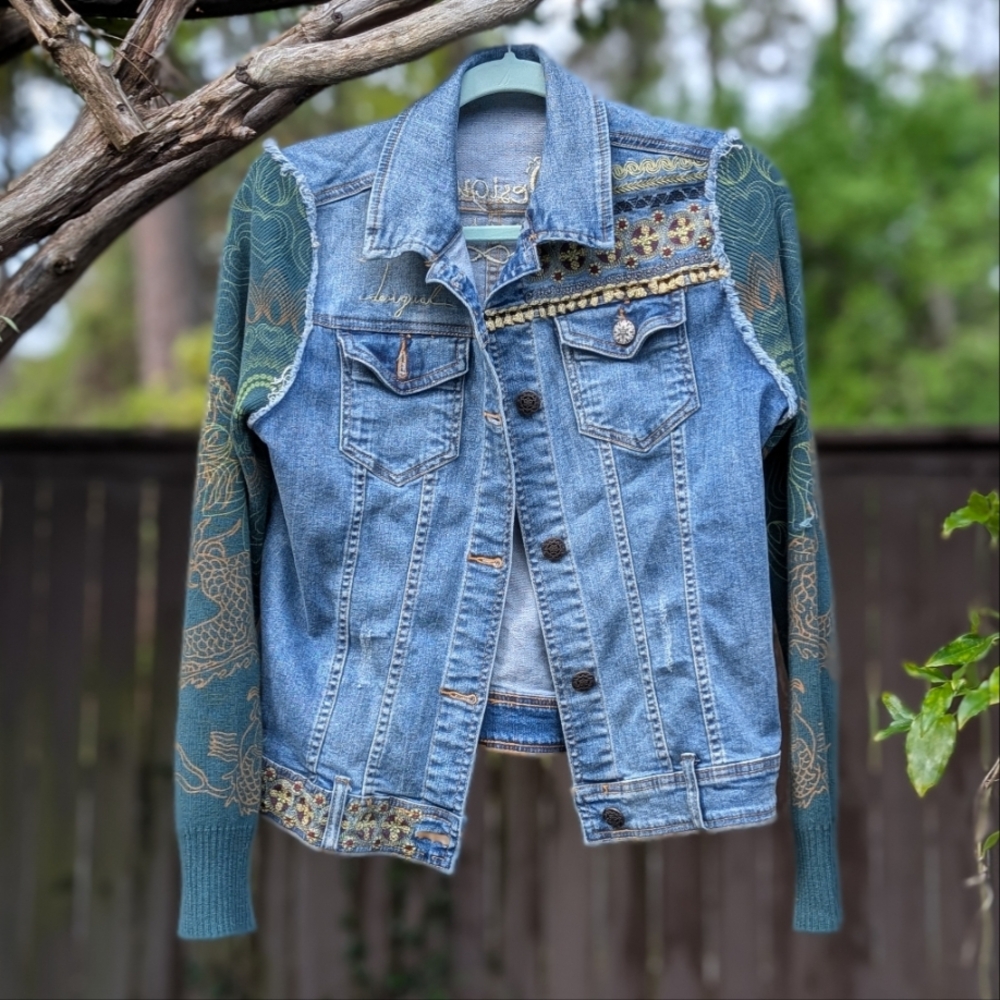 Desigual "Different Is Beautiful" Embroidered Denim Jacket with Green Sleeves